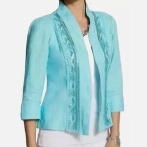 Chico's Womens Aqua Breeze Linen Beaded Open Front Coastal Beach Jacket Size S 0